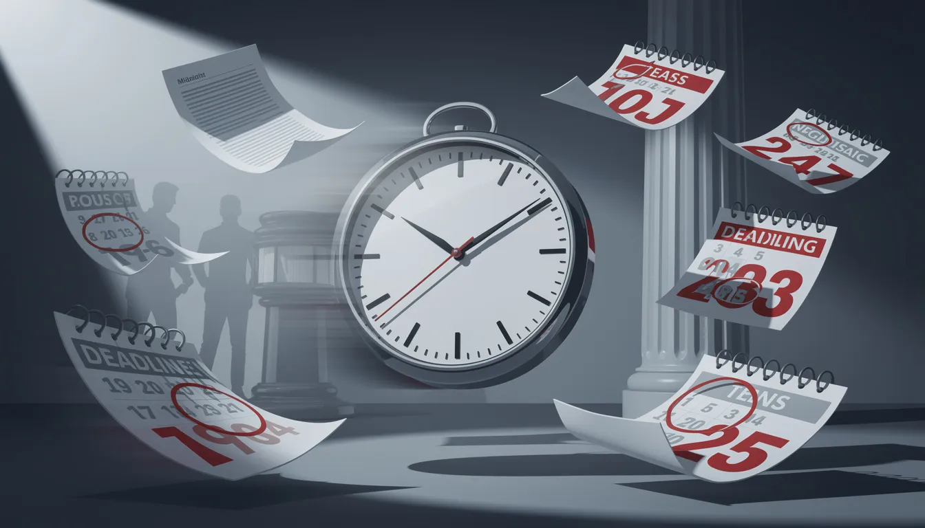 The image depicts a clock emphasizing the urgency of legal deadlines, surrounded by scattered calendar pages, symbolizing the importance of timely action in personal injury lawsuits. It serves as a reminder for injury victims to file their claims promptly to preserve evidence and recover fair compensation.