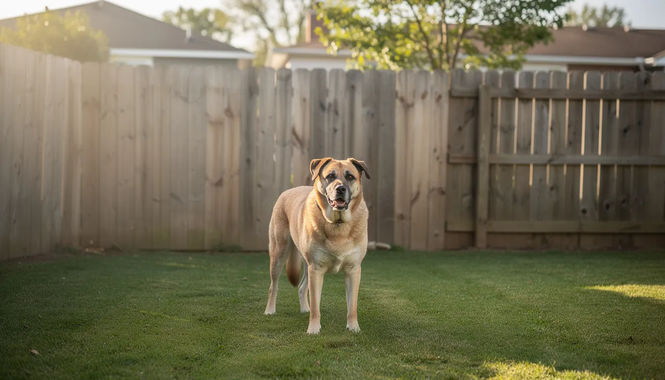 A large dog stands in a residential backyard near a fence, potentially posing a risk for dog bite injuries. This image highlights the importance of understanding Missouri's strict liability dog bite laws for dog owners and victims alike.